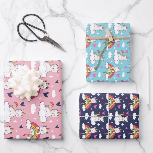 Feuille De Papier Cadeau Unicorn Cat Rainbow Motif mignonne Saint Valentin (Recto)