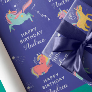 Feuille De Papier Cadeau Unicorn Nom personnalisé Filles Anniversaire
