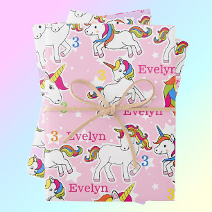Feuille De Papier Cadeau Unicorne de la petite fille Anniversaire Nom et âg