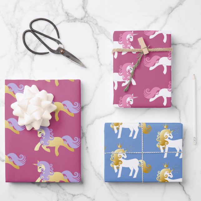 Feuille De Papier Cadeau Unicorne rose or blanc violet (Recto)