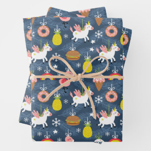 Feuille De Papier Cadeau Unicornes de Noël amusants et Flamants roses Motif