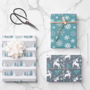 Feuille De Papier Cadeau Unicornes d'hiver, arbres et flocons de neige