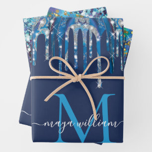 Feuille De Papier Cadeau Unités de Parties scintillant Monogramme Novy Blue