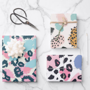 Feuille De Papier Cadeau Vacances Blue Pink Pastel Leopard Spots