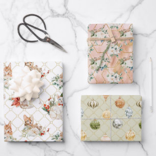 Feuille De Papier Cadeau Vacances Chats Or Géométrique Floral Ornements