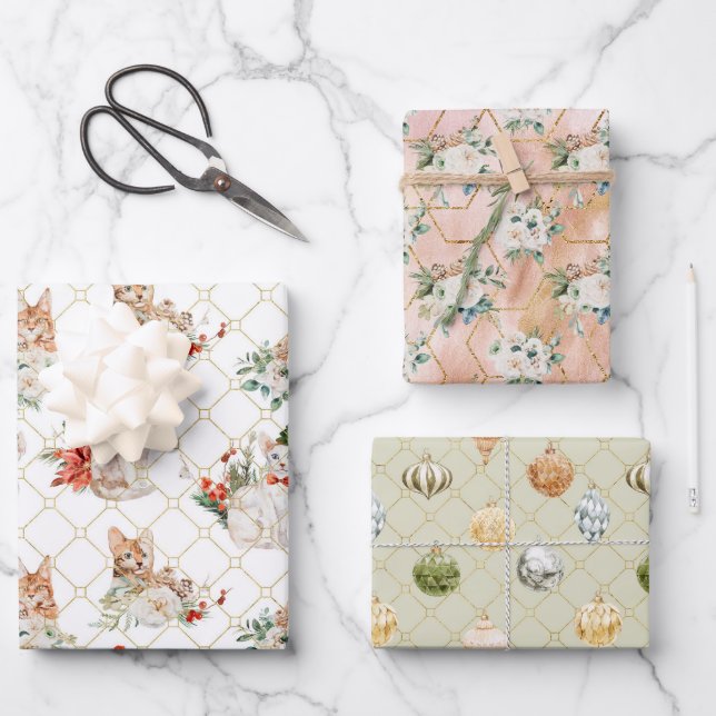 Feuille De Papier Cadeau Vacances Chats Or Géométrique Floral Ornements (Recto)