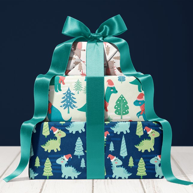 Feuille De Papier Cadeau Vacances de Noël de dinosaure mignon (Créateur téléchargé)