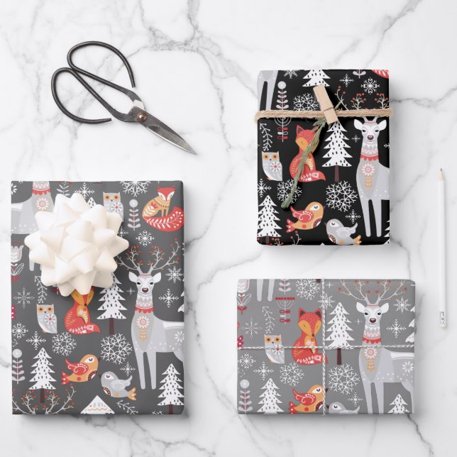 Feuille De Papier Cadeau Vacances de Noël des animaux des bois scandinaves (Recto)