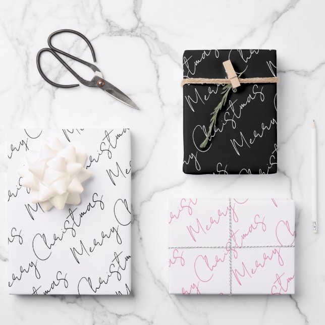 Feuille De Papier Cadeau Vacances de Noël noir, blanc, rose (Recto)