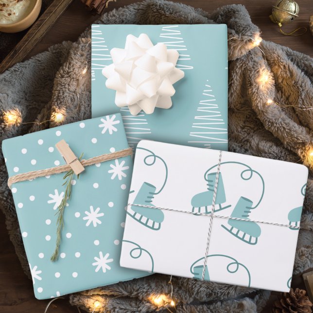 Feuille De Papier Cadeau Vacances de Noël Vert Bleu Simple (Simply Cute Blue Green Christmas Holiday Wrapping Paper Sheets)
