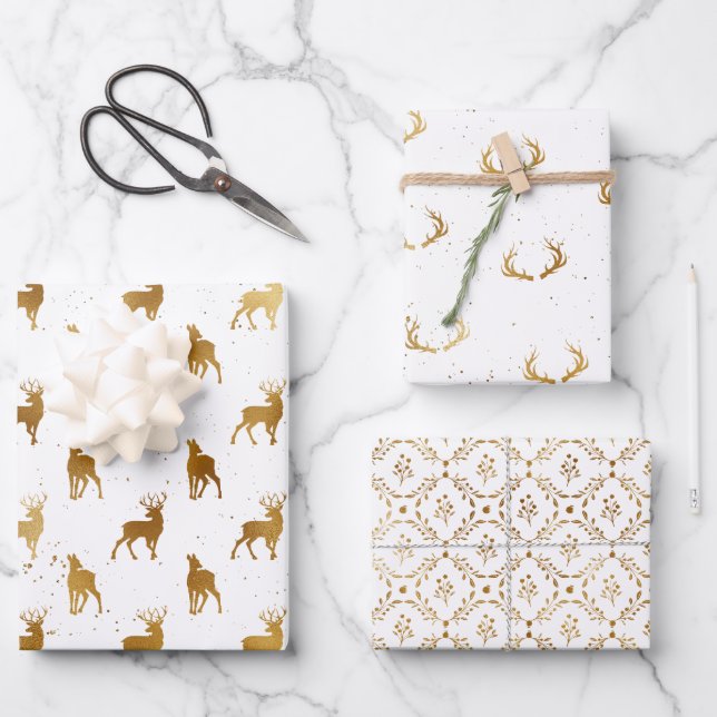 Feuille De Papier Cadeau Vacances des bois de cerf dorés (Recto)