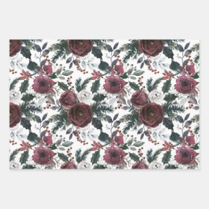 Feuille De Papier Cadeau Vacances Florales Bourgogne Roses Green Pine et Ho