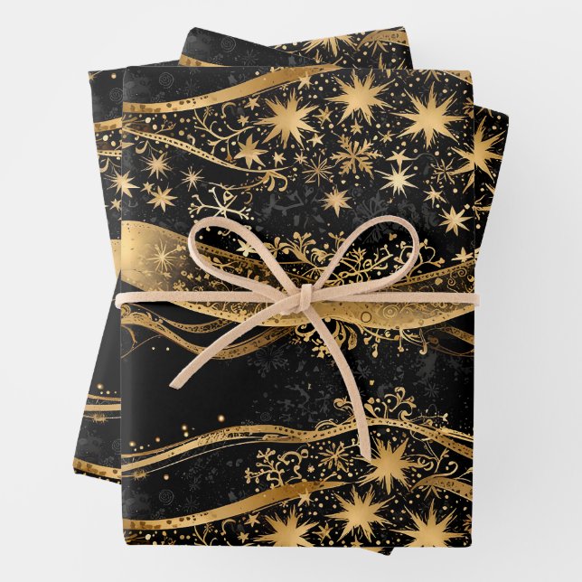 Feuille De Papier Cadeau Vacances Noir et Or Riche (En situation)
