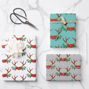 Feuille De Papier Cadeau Vacances Poinsettia et Antlers