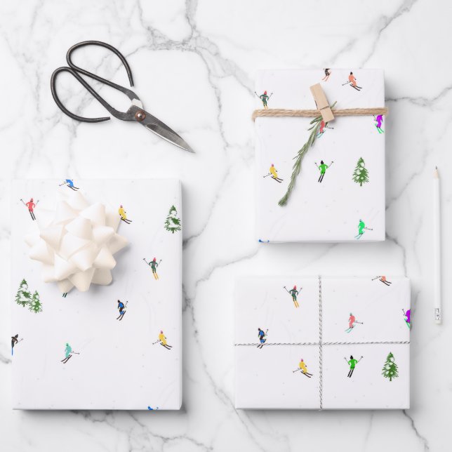 Feuille De Papier Cadeau Vacances Skieurs Alpins Illustration (Recto)