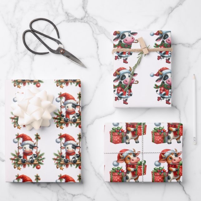 Feuille De Papier Cadeau Vache bébé (veau) Enfants de Noël (Recto)