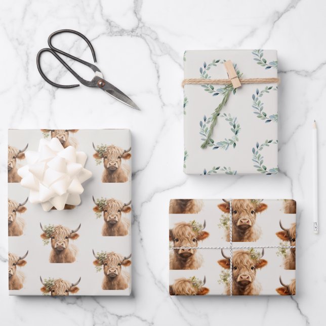 Feuille De Papier Cadeau Vache des Highlands Bohème (Recto)