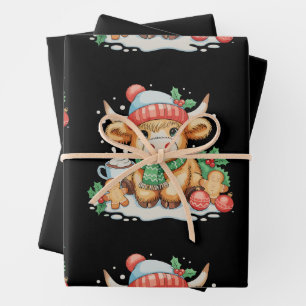 Feuille De Papier Cadeau Vache des Highlands de Noël Chapeau de Santa Mooey