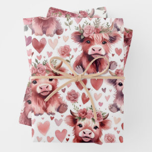 Feuille De Papier Cadeau Vache des Highlands Saint-Valentin Floral Rose Aqu