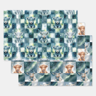 Feuille De Papier Cadeau Vache Highland à carreaux bleus neige hiver