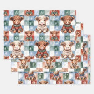 Feuille De Papier Cadeau Vache Highland à Noël à carreaux Rouge Vert Bleu 