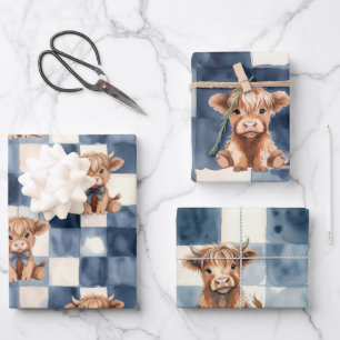 Feuille De Papier Cadeau Vache Highland Bleue à Carreaux à l'Aquarelle Mign