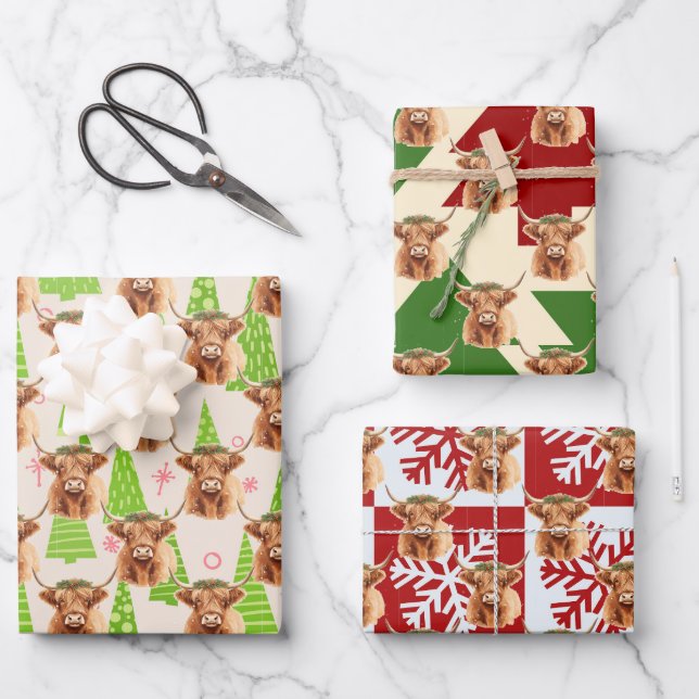 Feuille De Papier Cadeau Vache Highland miniature marron Noël (Recto)