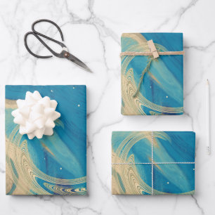 Feuille De Papier Cadeau Vagues Abstraites aux couleurs géométriques bleues