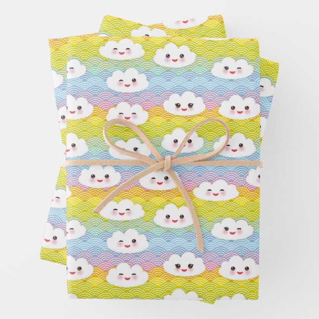 Feuille De Papier Cadeau Vagues colorées mignonnes Kawaii Emoji Clouds Moti (En situation)