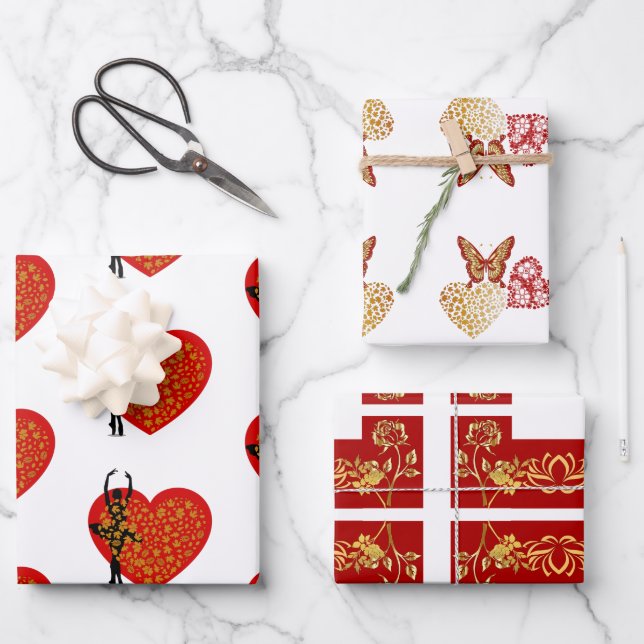 Feuille De Papier Cadeau Valentine Balayage de coeur Papillon Floral Or Art (Recto)