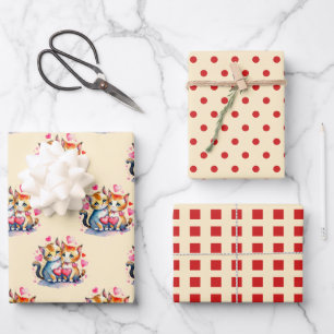 Feuille De Papier Cadeau Valentine chats mignons points carré motif rouge