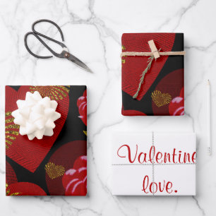 Feuille De Papier Cadeau Valentine Red Gold coeur rouge roses sur noir