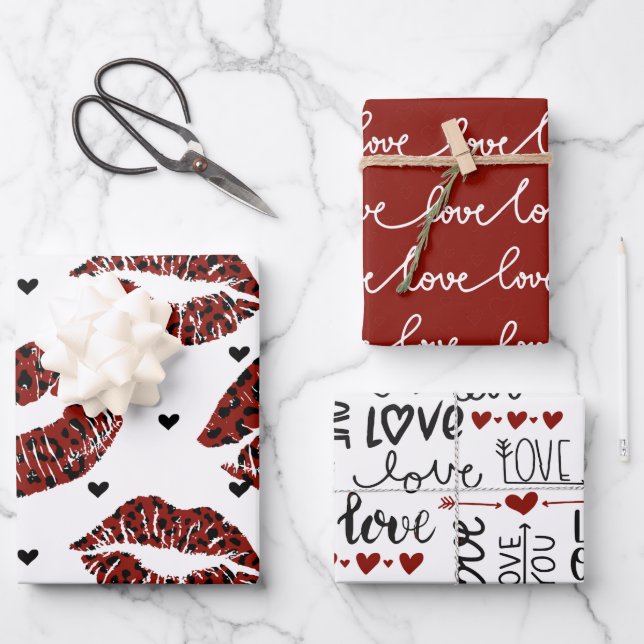 FEUILLE DE PAPIER CADEAU VALENTINES DAME AIMER SCRIPT COEURS & LIPS (Recto)