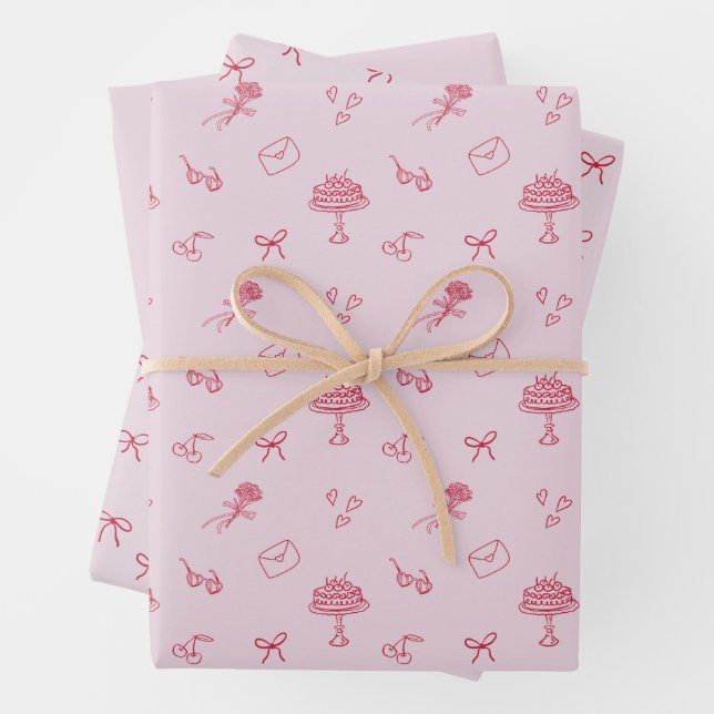Feuille De Papier Cadeau Valentine's Day cherry, pink wrapping paper set (En situation)