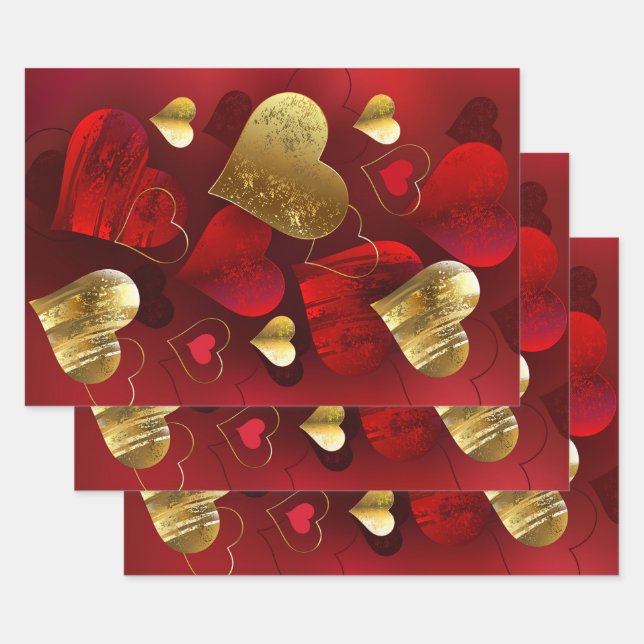 Feuille De Papier Cadeau Valentines dorées et rouges (Lot)