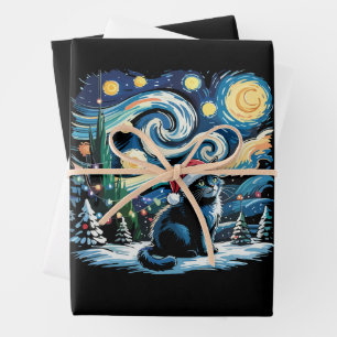 Feuille De Papier Cadeau Van Gogh Nuit Étoilée Fête de Noël Chat Noir 