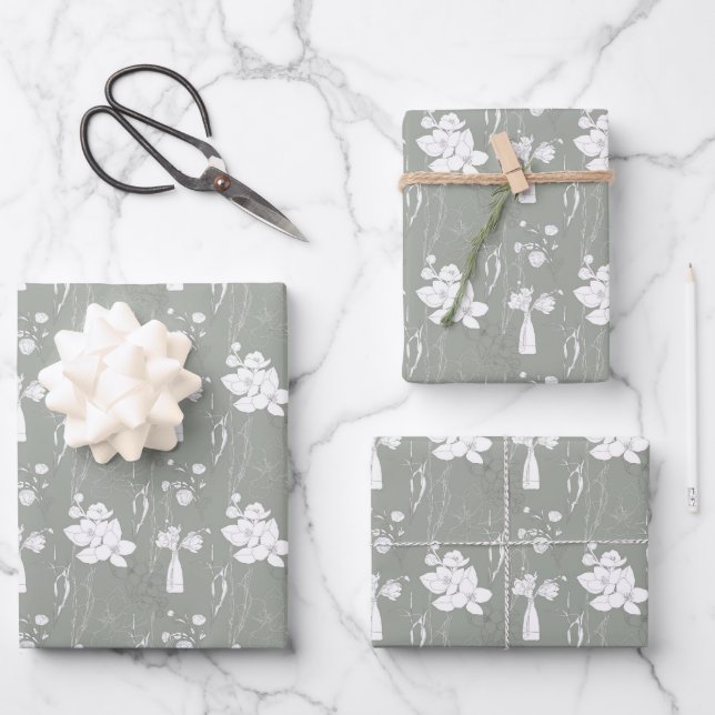 Feuille De Papier Cadeau Vase de fleurs et de bourgeons gris pastel (Recto)
