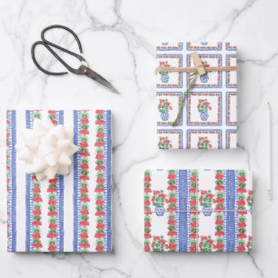 Feuille De Papier Cadeau Vases de Chinoiserie des Geraniums rouges