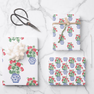 Feuille De Papier Cadeau Vases de Chinoiserie des Geraniums rouges