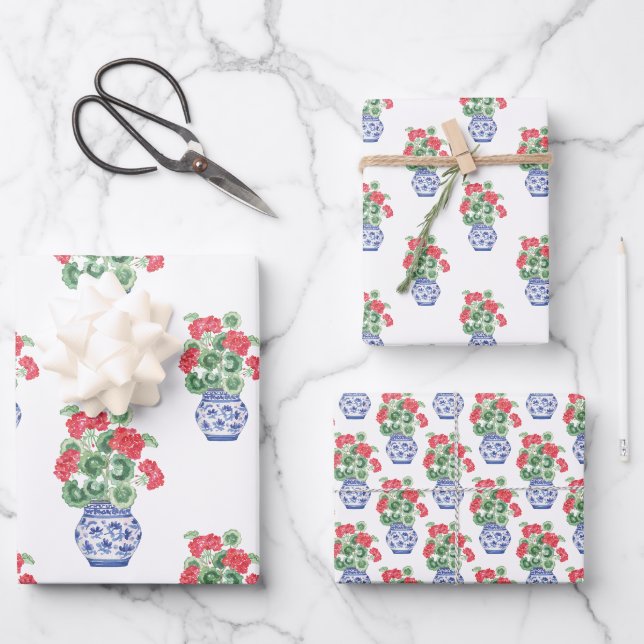 Feuille De Papier Cadeau Vases de Chinoiserie des Geraniums rouges (Recto)