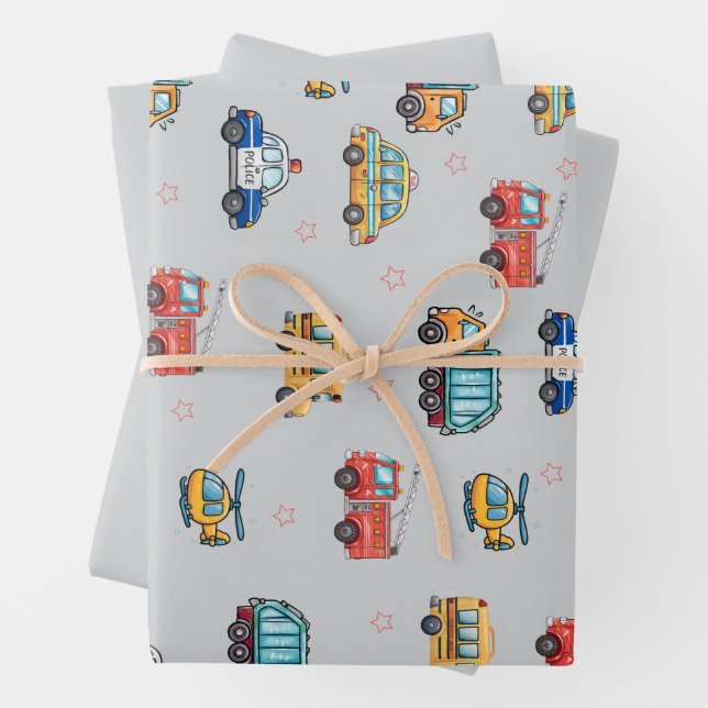 Feuille De Papier Cadeau Véhicules de service mignons  (En situation)