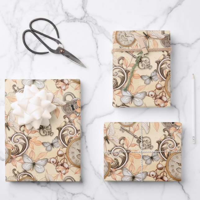 Feuille De Papier Cadeau Veille à vapeur vintage et papillons Pastel (Recto)