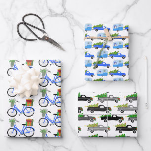 Feuille De Papier Cadeau Vélos de Noël RVs Camions Transport Variété Pack