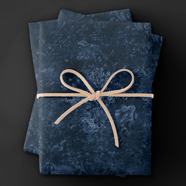 Feuille De Papier Cadeau Velvety Navy Damask | Bleu foncé Grunge Baroque (Créateur téléchargé)
