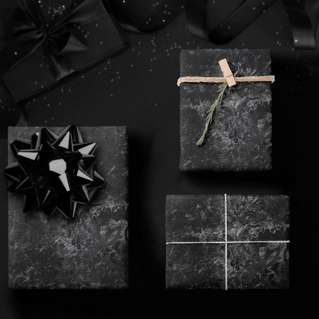Feuille De Papier Cadeau Velvety Onyx Damask | Black Vampy Grunge Baroque (Créateur téléchargé)