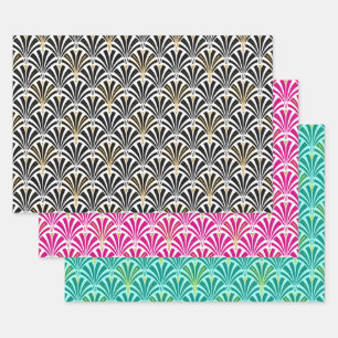 Feuille De Papier Cadeau Ventilateur Art déco Motif, Noir/Blanc, Rose, Aqua