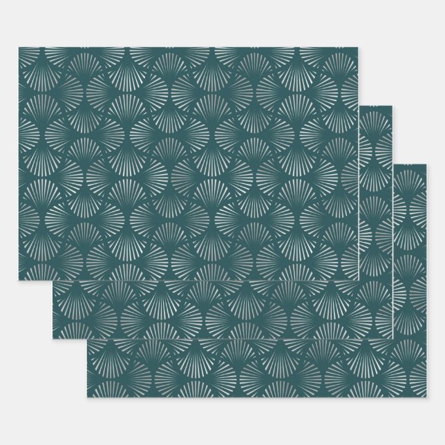 Feuille De Papier Cadeau Ventilateur Art déco Turquoise et argenté (Lot)