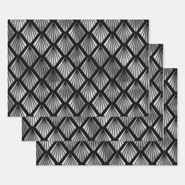 Feuille De Papier Cadeau Ventilateurs Art déco en argent sur noir (Lot)