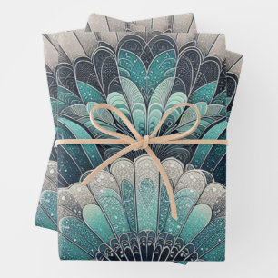Feuille De Papier Cadeau Ventilateurs Art Nouveau bleu et argent