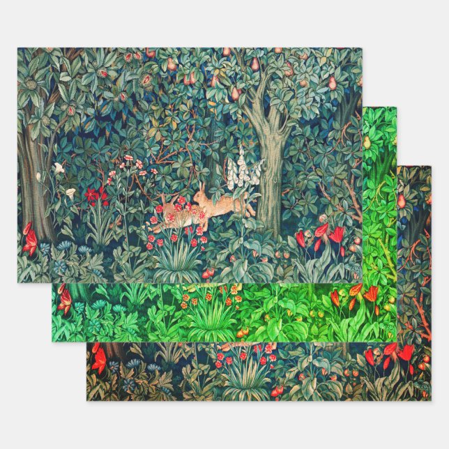 Feuille De Papier Cadeau VERDURE, ANIMAUX FORESTIERS, Hares Green Floral (Lot)